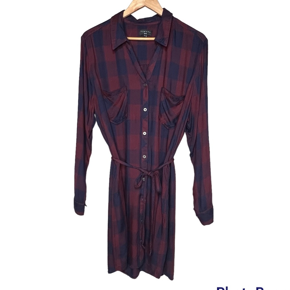 Tinsel flannel pattern tie waist button up collared dress. Maroon blue. XXL